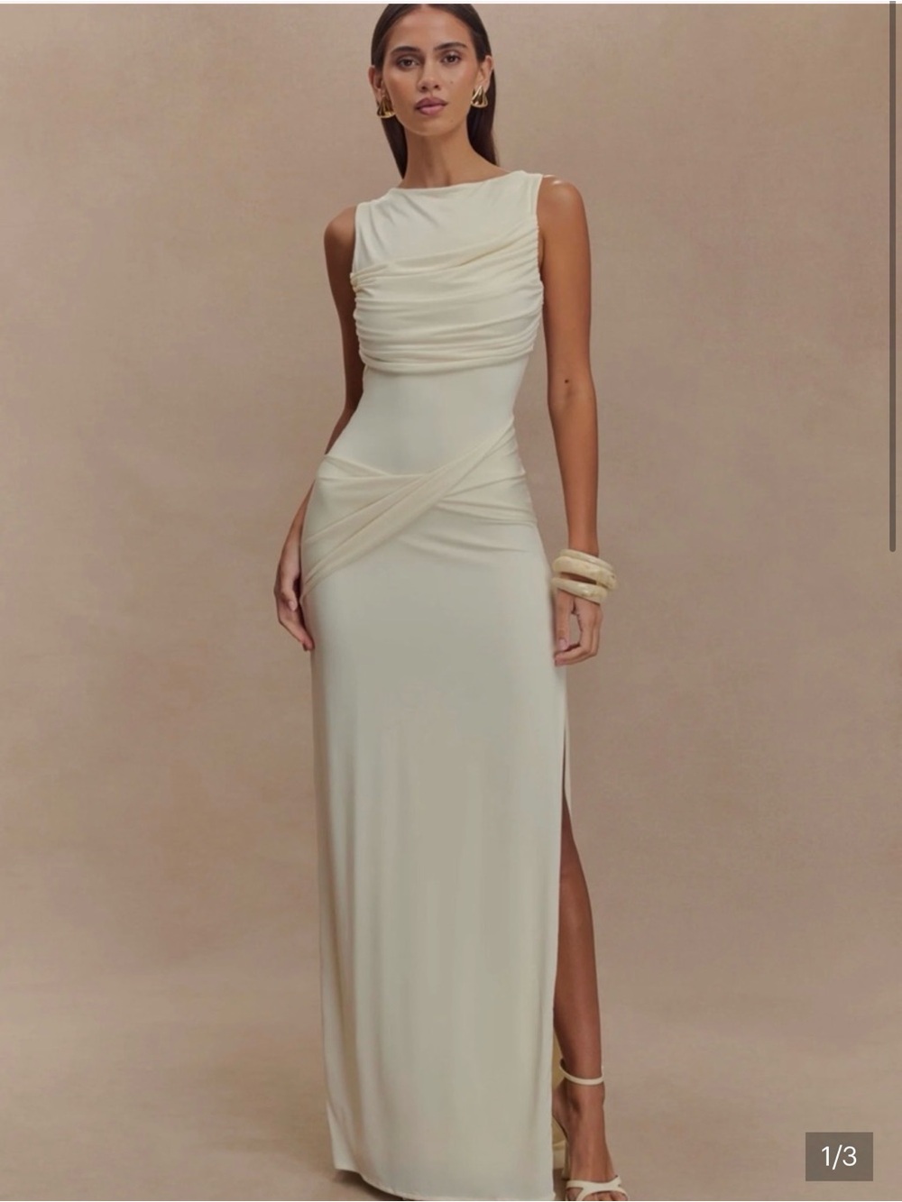 Meshki Cream Draped Maxi Gown with Side Slit